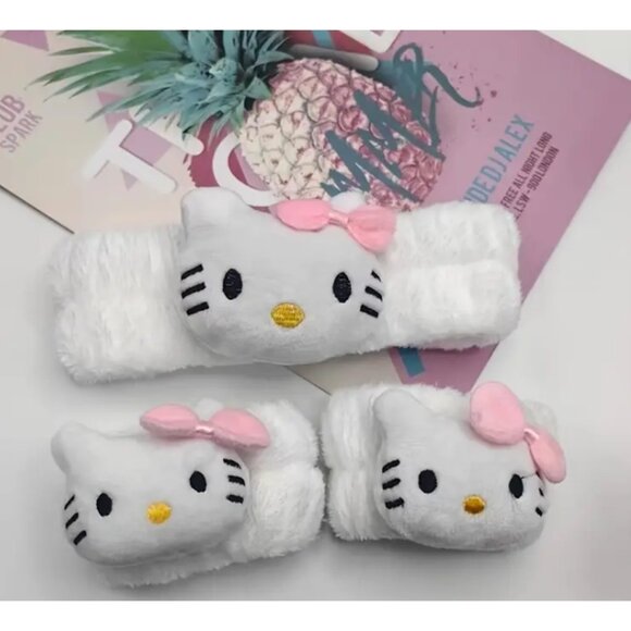 Hello Kitty White & Pink Bow Plush Spa Headband and Wrist Cuffs Set 3-Pc Set - Picture 1 of 2